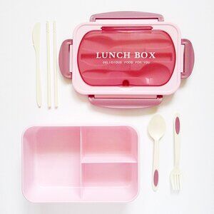 NEW Plastic LUNCH/BENTO BOX + Utensils (Chopsticks, Fork, Spoon, Knife) Set
